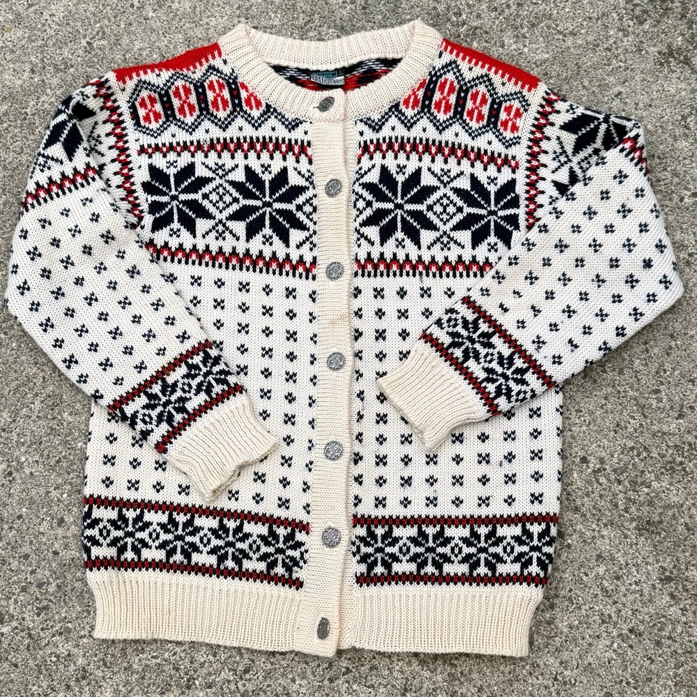 Vintage Dale of Norway Nordic Fair Isle Cardigan Sweater Cream & Navy Size L